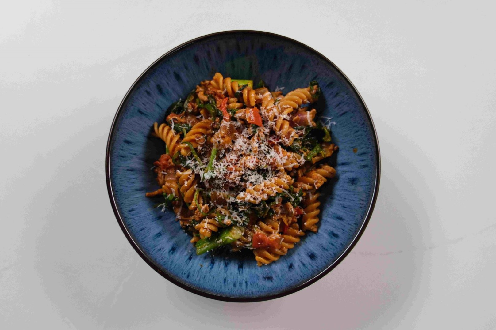 One Pan Pork Mince Pasta in a blue bowl